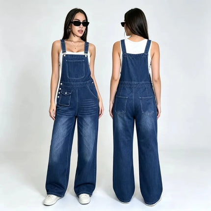 Womens Wide Leg Denim Overalls Loose Washed Straight Cargo Overalls Adjustable Straps Multi Pocket Jeans