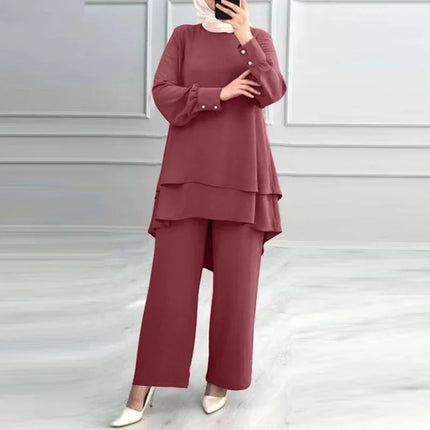 Women Muslim 2 Piece Set Blouse Double Top Wide Leg Pants Suit Morocco Ramadan Casual Ensemble Dubai Arab Trousers Outfits