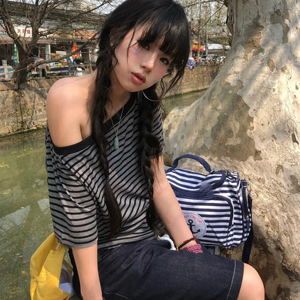 Tonngirls Y2k Japanese T Shirt Women Striped Off Shoulder Grunge Tops Streetwear 2000s Aesthetic Tshirts American Retro Tops Tee
