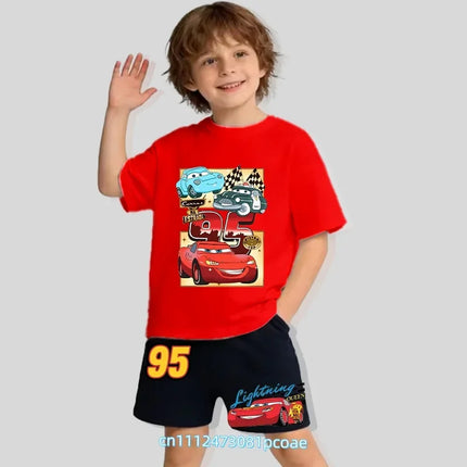 2026 Cars of the Universe Children's Pure Cotton Short-Sleeved Shorts for Boys with Cartoon Print Summer T-shirt Set of 2 Pieces