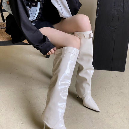 Black Ankara Red High Heel Boots Women's 2025 Autumn and Winter Knight Boots Fashion Two Wear Patent Leather High Boots