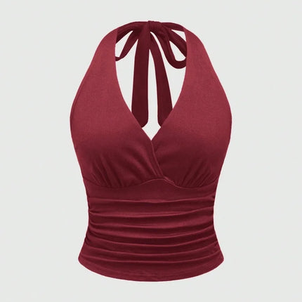 Leopard Printed V-neck Backless Halter Crop Top for Women Summer Sexy Y2K Sleeveless Ruched Top Streetwear