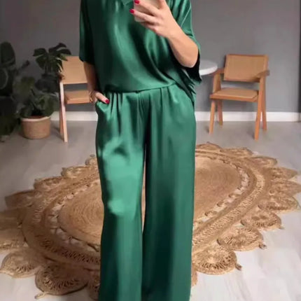 Spring Summer Fashion Solid Smooth Satin Two Piece Sets New Women's V Neck Half Sleeved Top And Long Pants Casual Loose Outfits