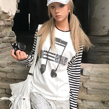 Tonngirls Japanses 2000s T-shirt Women Casual Print Graphic Tops Patchwork Y2k Vintage Grunge Tops American Retro Tshirts E-girl