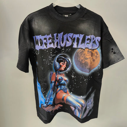Retro Wash black Skull letter Rhinestone Print Life Hustlers T Shirt Men Woman Fashion Harajuku Hip Hop Shinning Diamond Tees