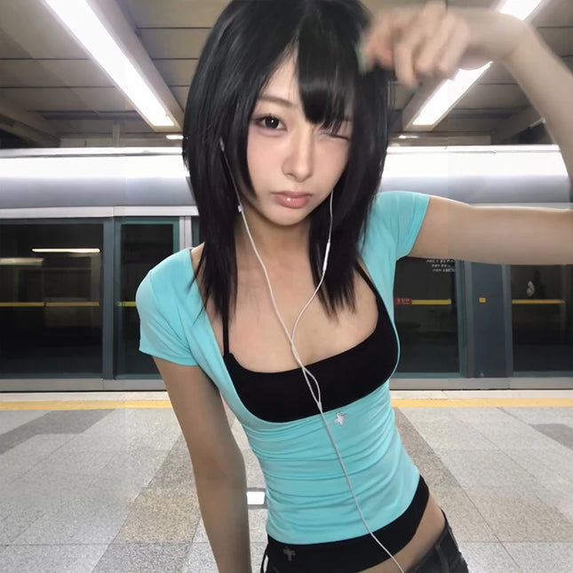 Karrram Japanese Y2k Fake Two-piece T-shirt 2000s Style Short Sleeve Halter Top Vintage Harajuku - product image 2