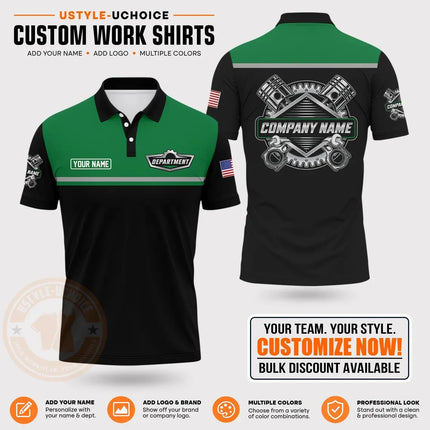 Custom Mechanic Work Pattern Polo Shirt Personalized Name Logo Uniform With Piston Print For Men Women Casual Quick Drying Tees