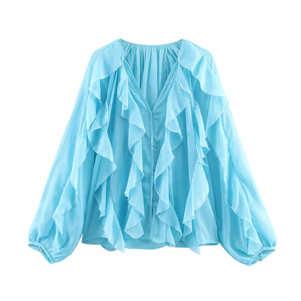 2026 New Summer Women's Elegant Loose Long Sleeve Chiffon Layered Shirts Lady Vintage V-neck Translucent Tierred Ruffles Blouses