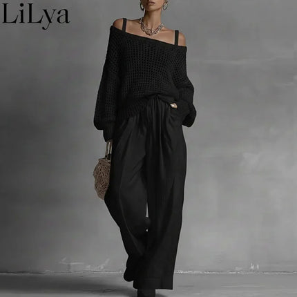 Off Shoulder Hollow Knit Womens Pants Set Long Sleeve Wide Leg Pants Outfit Casual Loose Summer Beach Vacation Pants Set Woman