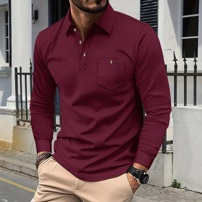 Herren Waffelpiqué Polo Henley Shirt – Lässig Langarm Umlegekragen Brusttasche Knopfleiste T-Shirt