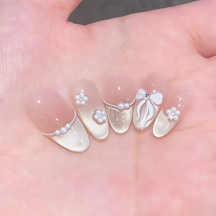 24pcs Pink Flower Almond Press on Nails Kawaii False Nails Wearable Stick-on Nails Fake Nail Uñas Postizas Накладные Ногти 네일팁