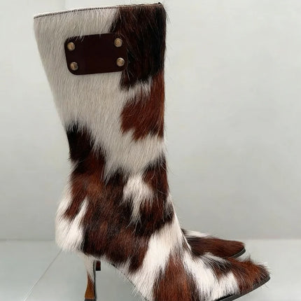 Vogue Cow Print Pointed Toe Mid-Calf Boots Furry Upper Leather Patch Avant-Garde Style Stiletto Mid-calf Boots