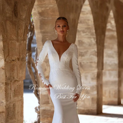 Classic Lace Long Sleeves Mermaid Wedding Dress 2026 V-Neck Open Back Appliqued Buttons Bridal Gown Vestidos De Novia Customized