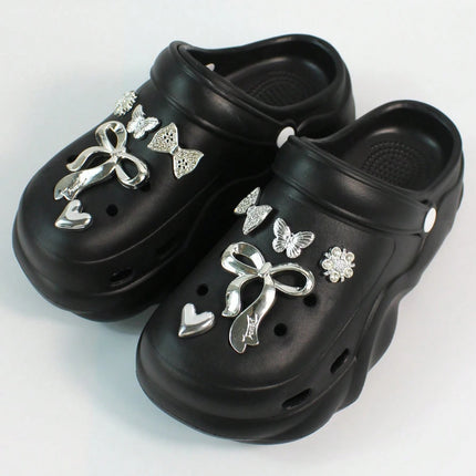 Women DIY Silver Butterfly-Knot Fashion Bow Decor Clogs Summer Sping Autumn Beach Sandals Cave Hole Garden Shoes Students Girls