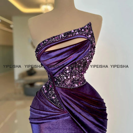 Yipeisha Asymmetric Mermaid Evening Gown  Purple Velvet Prom Dresses Beaded Velour Pageant Party Gowns Customized