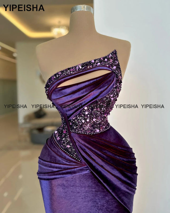 Yipeisha Asymmetrisches Meerjungfrauen-Abendkleid Lila Samt Ballkleider Perlen Velours Festliche Partykleider Maßgeschneidert