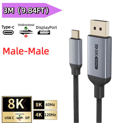 16K USB C To Displayport 2.1 Extension Cable HDR 8K@120Hz 4K@240Hz Type C To DP Forthunderbolt 3/4/5 Macbook Pro Ipad PC TV