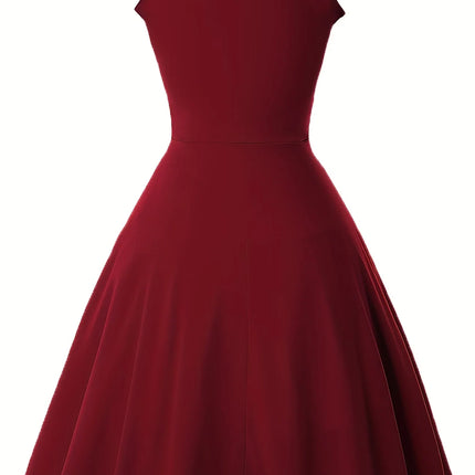 Women's Elegant Round Neck Summer Short Sleeve Solid A-Line Knee-length Dress High Waist Swagger Party Wedding Casual Departure