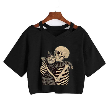 Halloween Skull and Cat Print Cropped T Shirt Sexy Comfortable Women Short Sleeve Crop Tops T-shirt Gothic Vintage Y2k Tees
