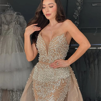 MONICA Fancy Appliques Evening Dresses for Women Beads V-Neck Detachable Train Mermaid Prom Dress Robes De Soiree Customized
