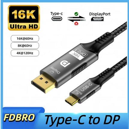 USB C to DisplayPort 16k 2.1 Cable One-way 8K@60Hz 4K@144Hz 80Gbps (DSC) Type-C to DP2.1 Cable For MacBook Pro/Air Laptop Phone