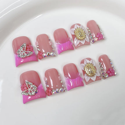 10pcs Short Duck Bill Press on Nails 3D Butterfly Flower False Nails Pink French Tip Nail Art Pearl Heart Rhinestone Fake Nails