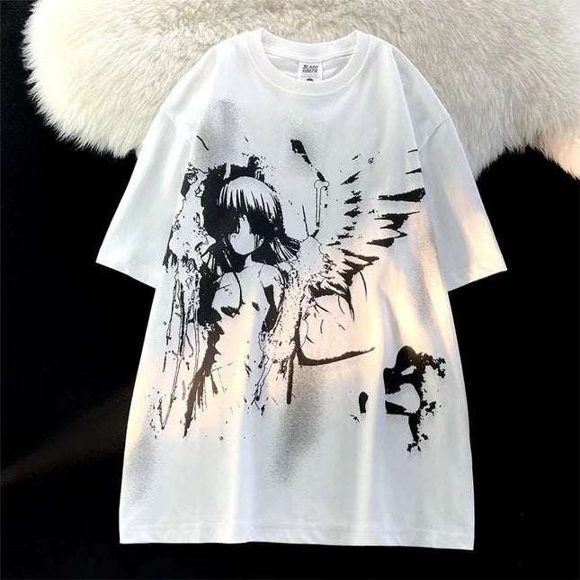 Retro Angel Print Short-sleeved Women T-shirt Summer Harajuku Casual Loose Cotton Oversize Women's - product image 2