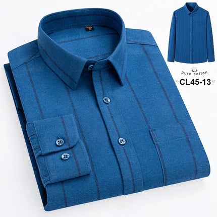 Mens 100% Cotton Casual Shirt Slim Fit Button Classic Striped Plaid Long Sleeve Shirts Single Pocket Comfortable Workwear Shirts
