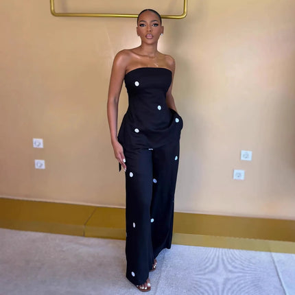 HLJ Women Polka Dot 2 Piece Outfits Elegant Bandeau Tube Top + High Waist Wide Leg Pants Set Summer Casual Streetwear Holidays