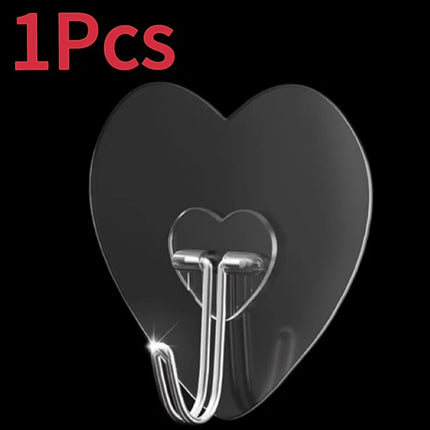 Heart Shape Transparent Hooks Non Punching Plastic Love Hangers Holder Self Adhesive Key Towel Multi-Purpose Hooks Storage Rack