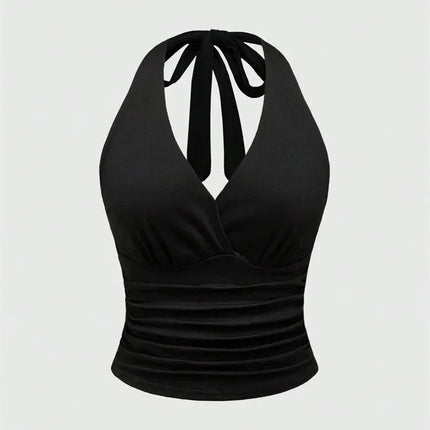 Leopard Printed V-neck Backless Halter Crop Top for Women Summer Sexy Y2K Sleeveless Ruched Top Streetwear