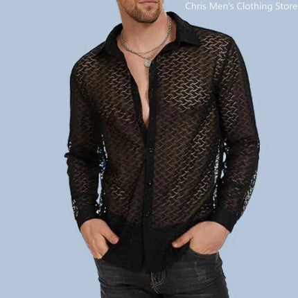 Casual Transparent Mesh Long Sleeve Shirt New Sexy Perspective Men Long Sleeve V-neck T-shirt Top Bar Club Hollow Mesh Men's Top