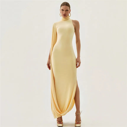Elegant Split Turtleneck Sexy Maxi Dress Women Gown One-shoulder High Waist Bodycon Solid Fashion Club Party Long Dress 2626 New