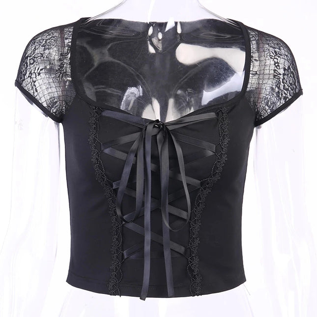 Vintage Tops Goth T-shirt Women Bodycon Bandage Lace Black T-shirts Gothic Streetwear Sexy Female Top - product image 7