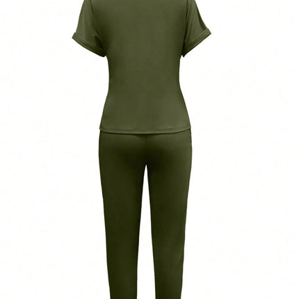 Pant Set Women Two Piece Sets Round Neck Short Sleeve Shirt Long Pants Lace Up Elastic Waist Y2k Streetwear Work Causal 2026