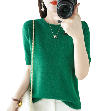 Short-sleeved Knitwear O-neck T-shirt Wool Cotton Blend Pullover Vest Sprig Summer Bottoming Tops Sweater