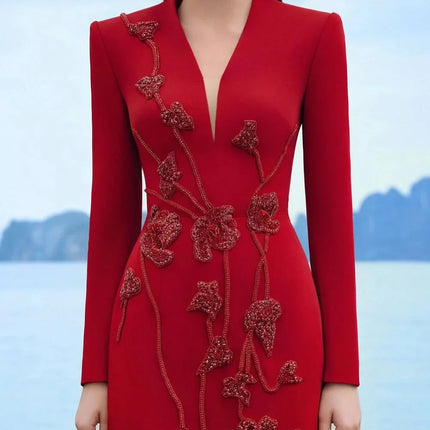Customized Red V - Neck Prom Dress With 3D Flower Embellished Bodice Long Sleeve Maxi Skirt With Train Formal Evening Party Gown