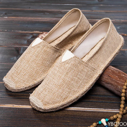 Grass Woven Linen Men's and Women's Handmade Stitching Fishing Shoes with A Casual Flat Bottom Anti Slip Fabric Design Platform