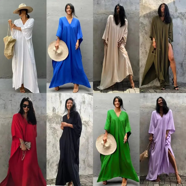 Boho Sexy Bademoden-Vertuschung Langes Kleid Viskose Einfarbig Strandkleidung Tunika Kaftane Kimono Damenbekleidung Sommer Badeanzug