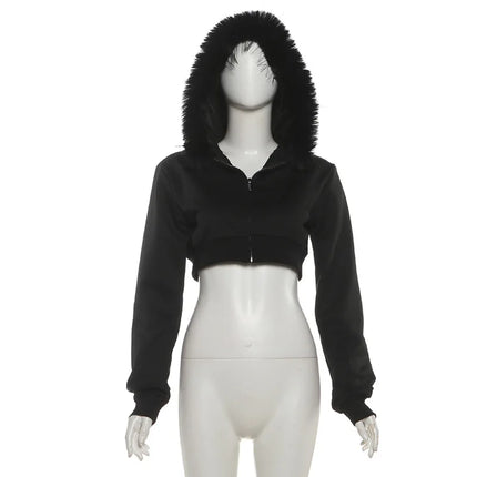 Gtpdpllt Faux Fur Collar Hooded Sweatshirts For Woman Fall Winter Coats Clothes Black Zip Up Cropped Jackets