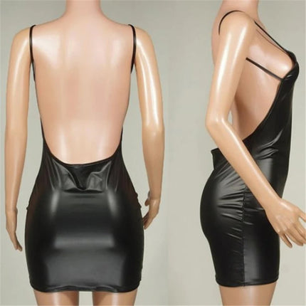 Sexy Faux Leather Dress Backless Club Party Short Dress Solid Black Wet Look Latex Bodycon Push Up Bra Mini