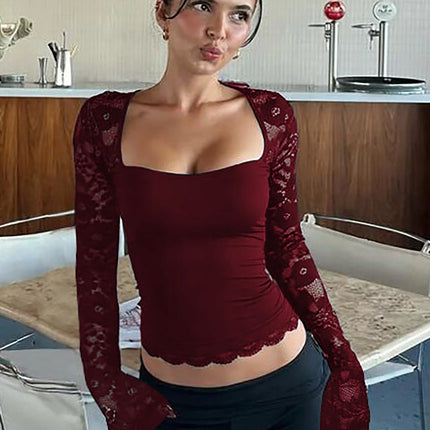 Hugcitar Women Fashion Square Collar Patchwork Lace Floral Print Long Sleeve Sexy Crop T-Shirt Sheer Summer Clothes Party Club