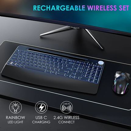 Ergonomic 2.4G Wireless Rechargeable Keyboard Mouse Set For Laptop With Color Backlit Phone Holder Wrist Rest And - product i