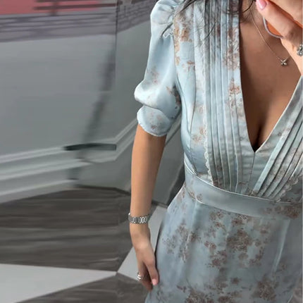 Elegant Floral Printed Satin Dress Pleated V-Neck Short Puff Sleeve Bodycon Dresses 2026 Spring Women Vintage Vacation Chic Gown