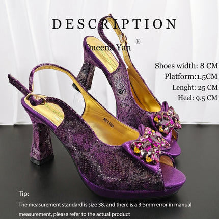 INS Purple Rhinestone-Embellished and Colorful Striped Design Party Wedding Peep Toe Bigger Size Ladies High Heels and Bag Set