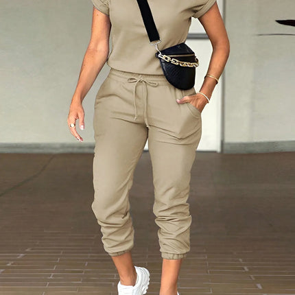 Pant Set Women Two Piece Sets Round Neck Short Sleeve Shirt Long Pants Lace Up Elastic Waist Y2k Streetwear Work Causal 2026