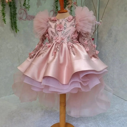 Custom Flower Girl Dress Wedding Gown First Christmas Party Dress Puff Sleeve Glitter Floral Appliqué High Low Gown for Girls