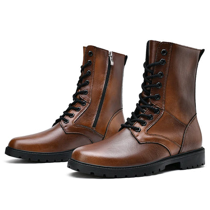 Men's Brown Leather Combat Boots High-Top Lace-Up with Side Zipper Plus Big Size 49 50 51 52