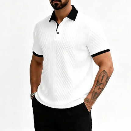 2026 Summer Men's Jacquard Knit Polo Shirt Contrast Collar Short Sleeve Loose Fit Soft Breathable Casual Sport Daily Wear Tops