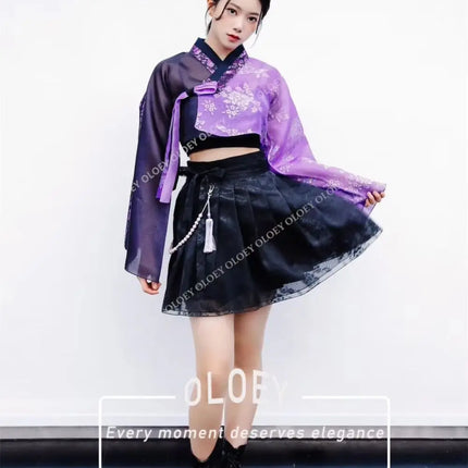 OLOEY Vintage Black Purple Hanbok 3 PCS Korean Performance Dress Full Sleeves Jacket Spaghetti Straps Top Mini Skirt Customized